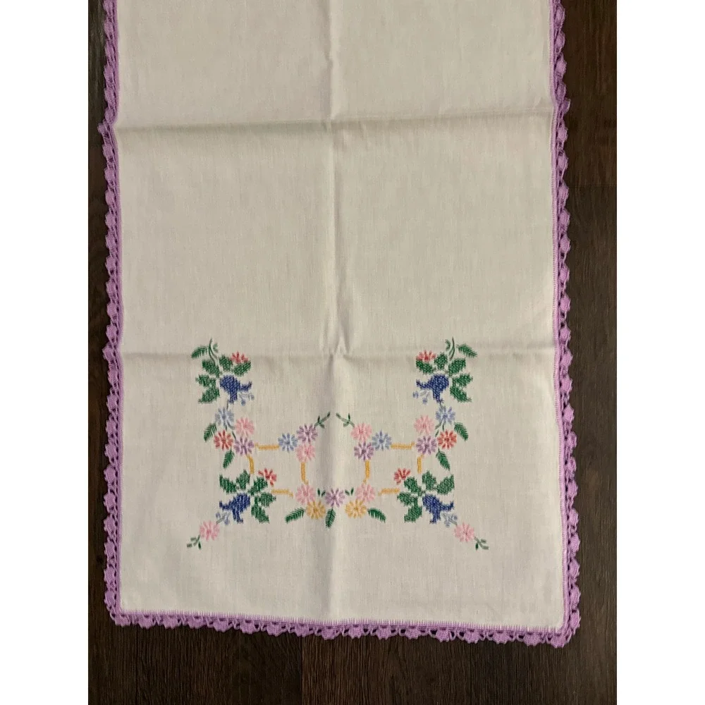 Vintage 42 X 19 Embroidered Floral Cross Stitch Table Runner Purple Crochet Trim